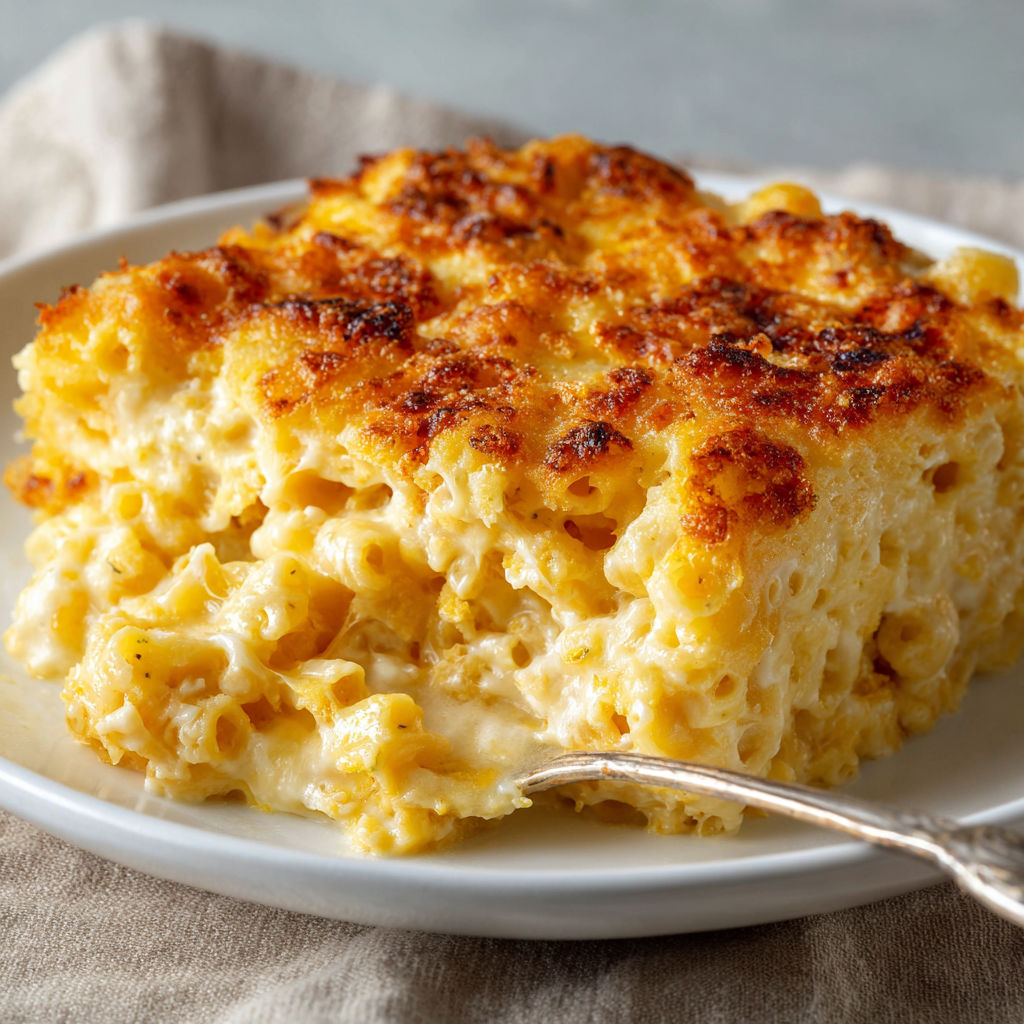 A plate of homemade baked mac and cheese.