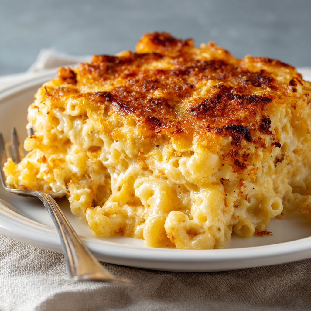 A homemade baked mac and cheese dish.