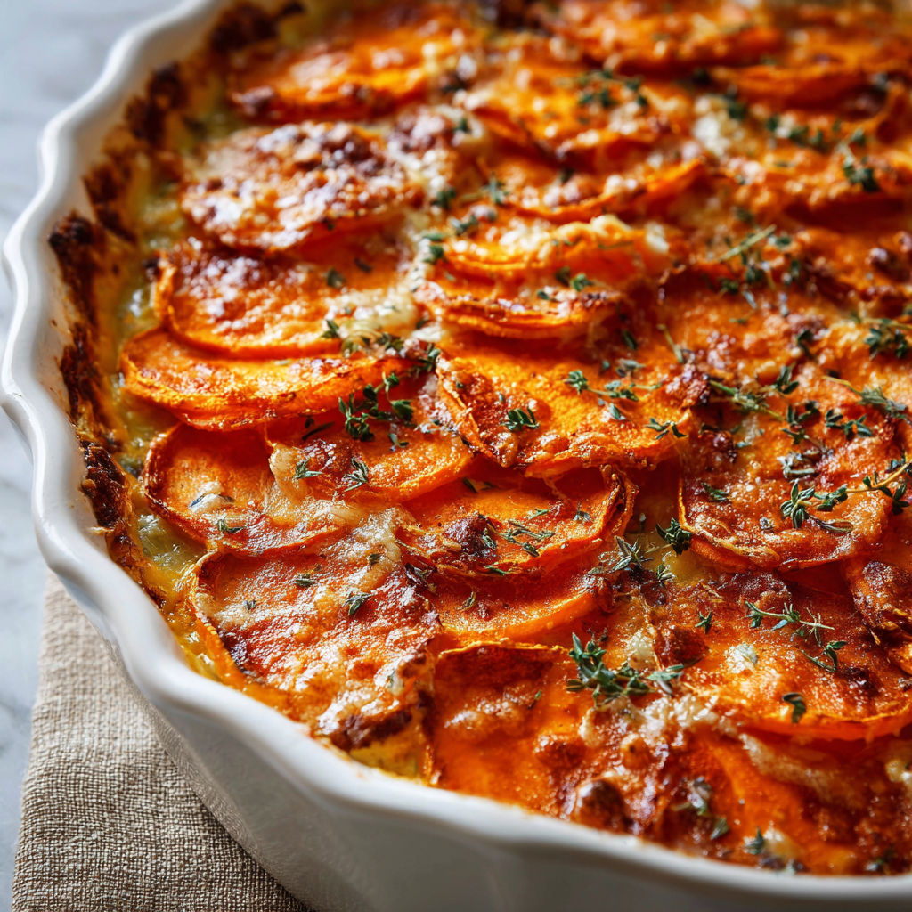 A dish of scalloped sweet potatoes.
