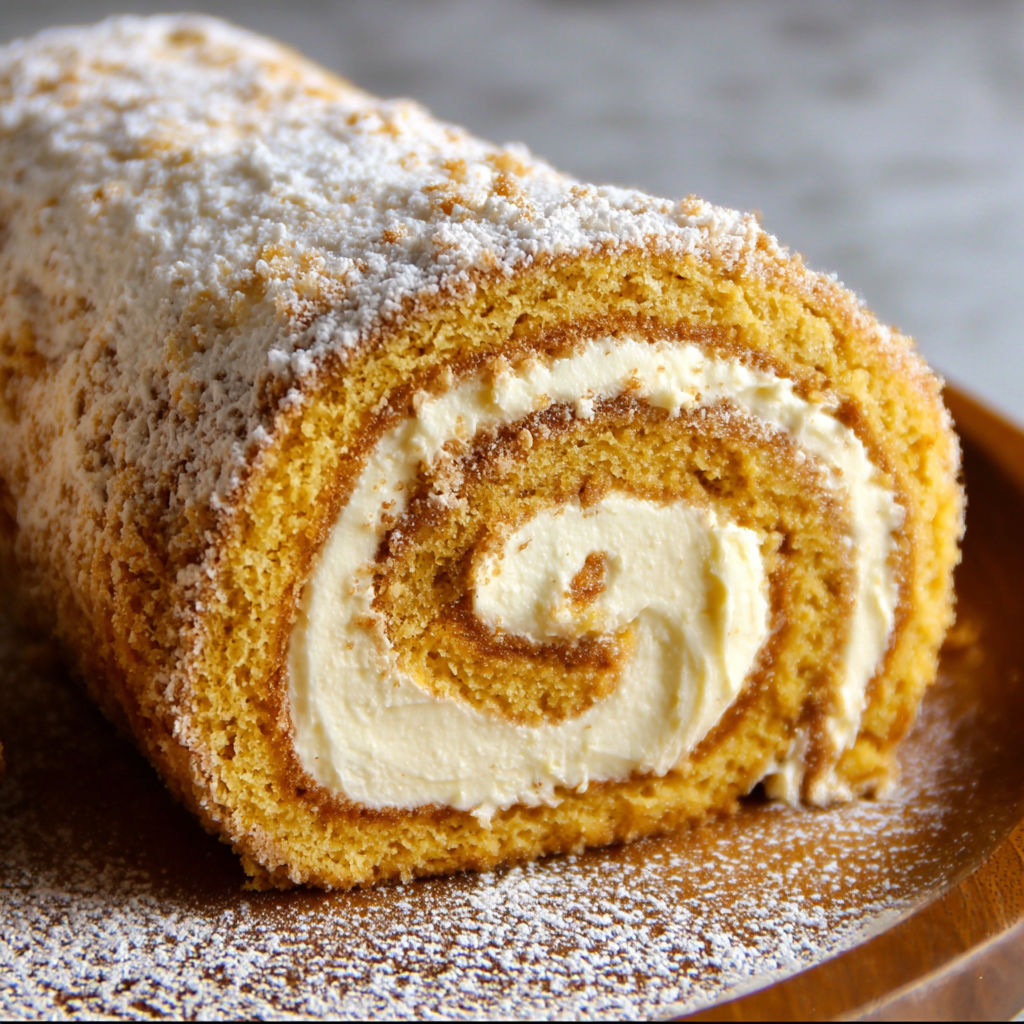 A pumpkin roll with cream cheese filling.