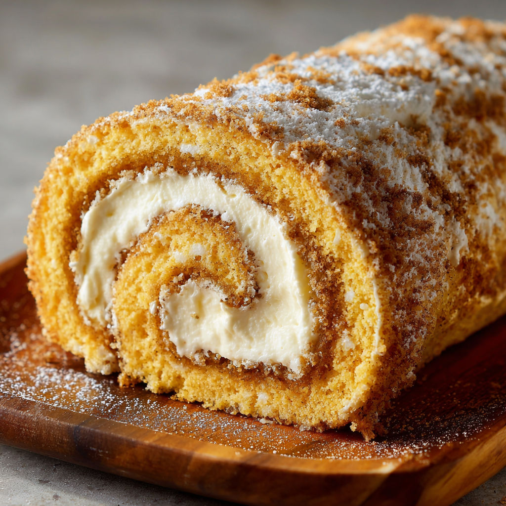 A pumpkin roll with cream cheese filling.