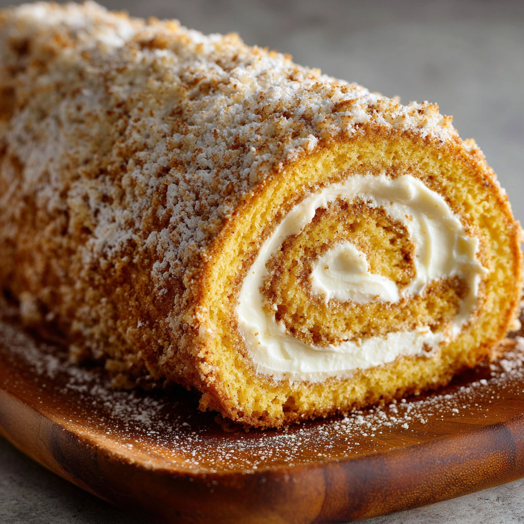 A pumpkin roll with cream cheese filling.