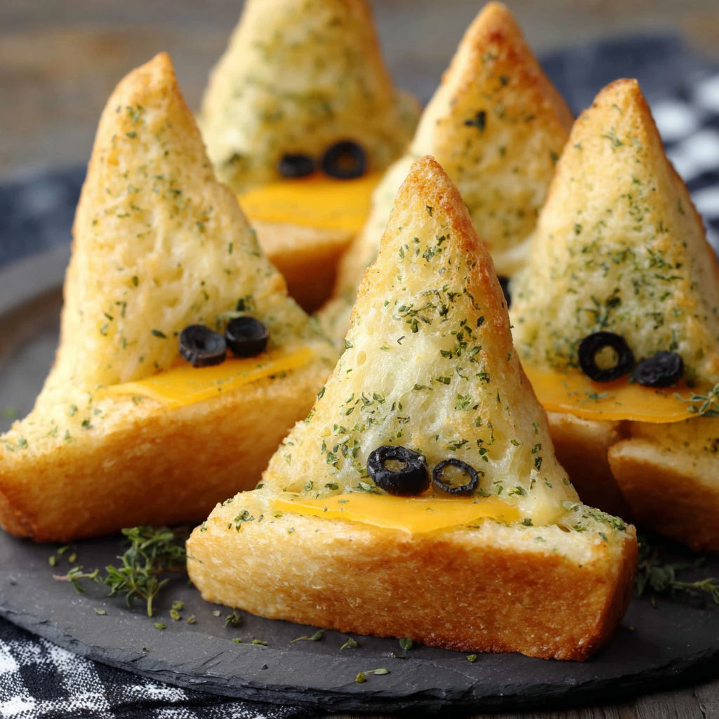 A plate of bread with black olives on top.