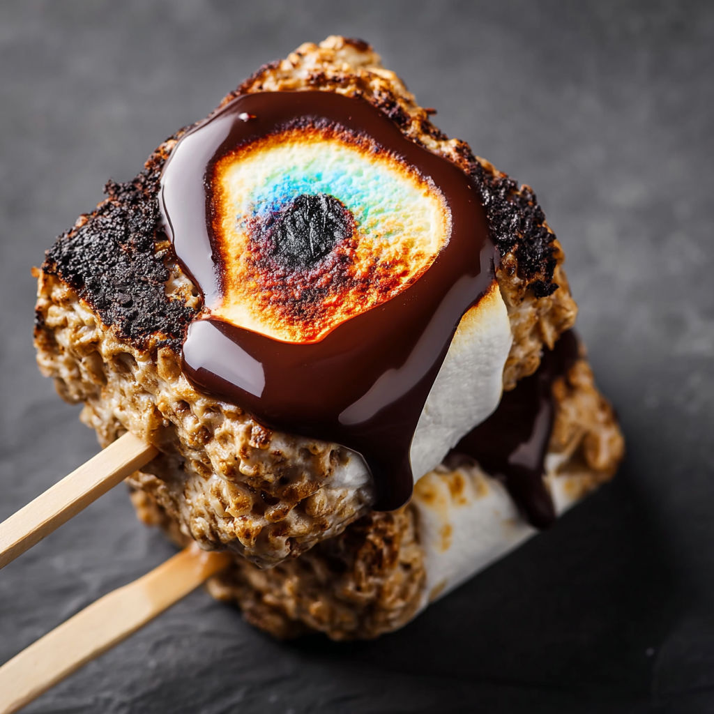 A marshmallow with a chocolate drizzle and a marshmallow eye.