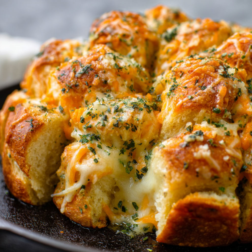 A cheesy garlic butter stuffed pull-apart bread.