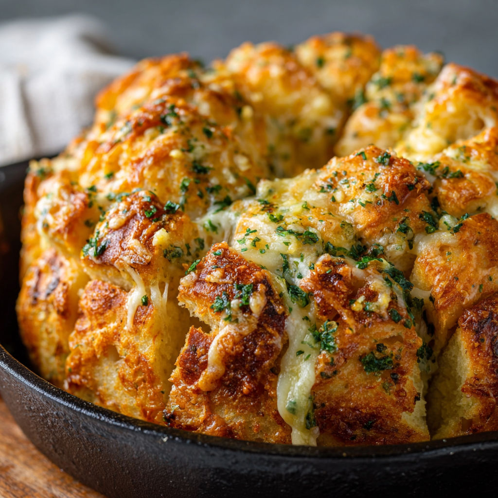 A casserole dish filled with cheesy bread.