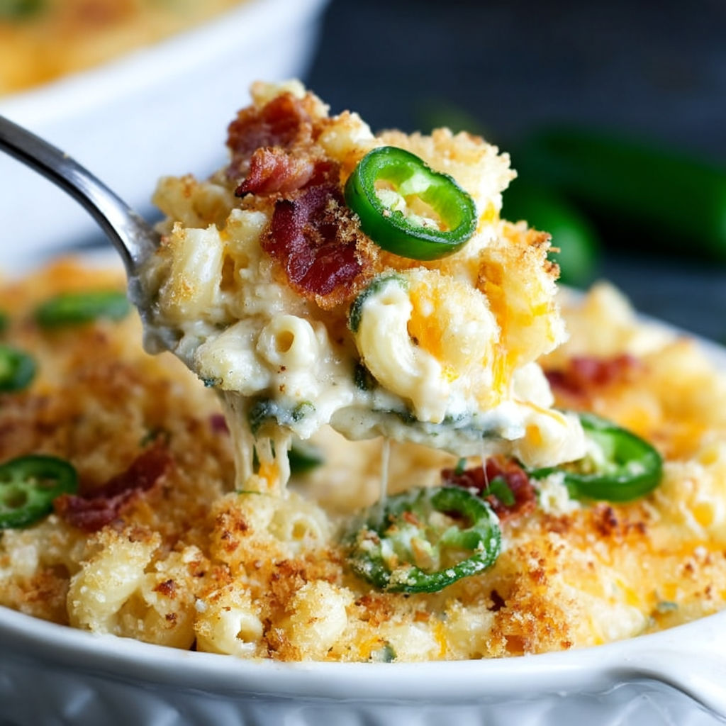 A close up of a jalapeño popper mac and cheese.