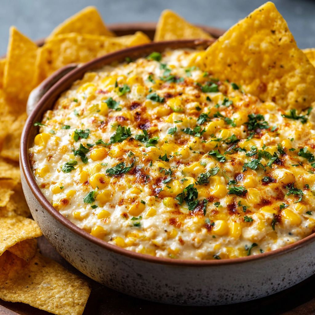 A bowl of corn dip with chips.