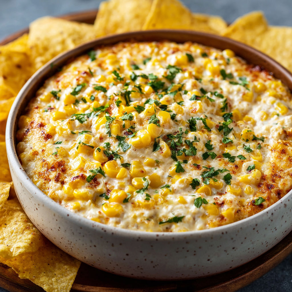 A bowl of corn dip with chips.