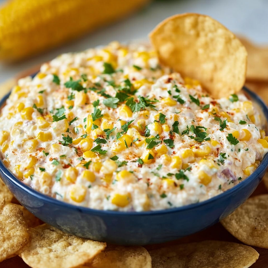 A bowl of corn dip with chips.
