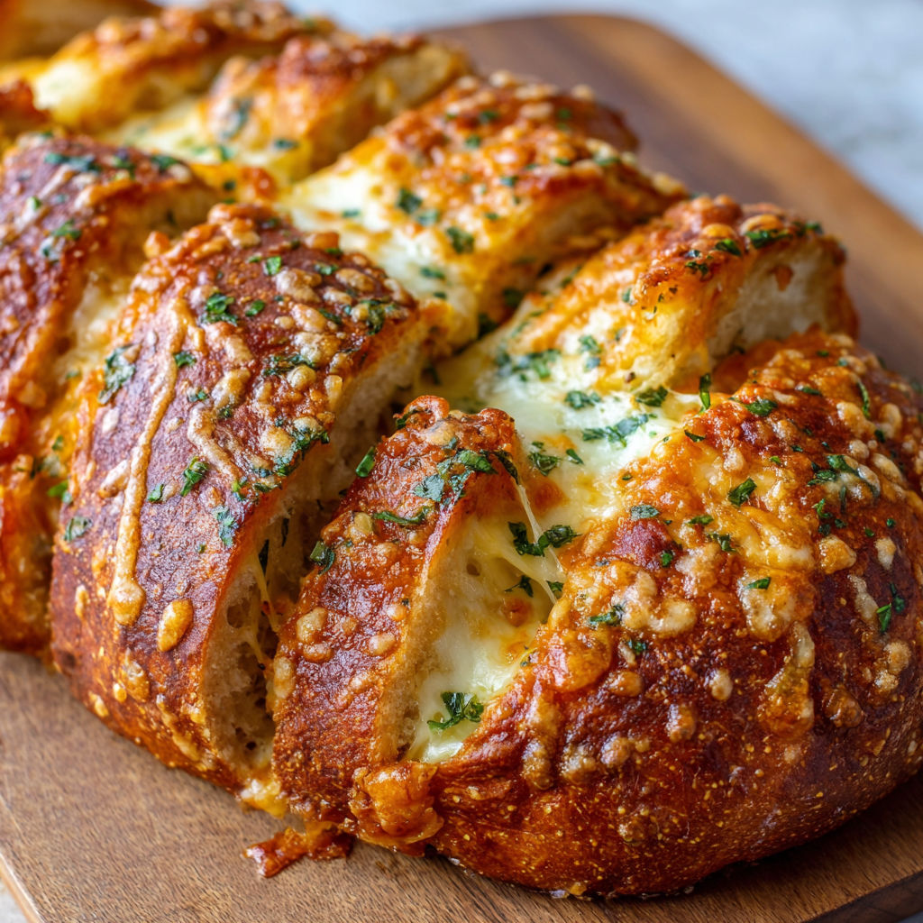 A piece of garlic cheese bread on a wooden table.