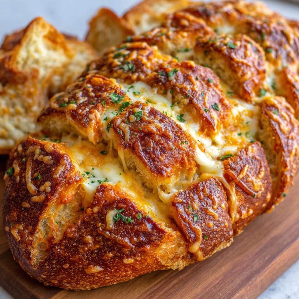 A loaf of bread with cheese and herbs.