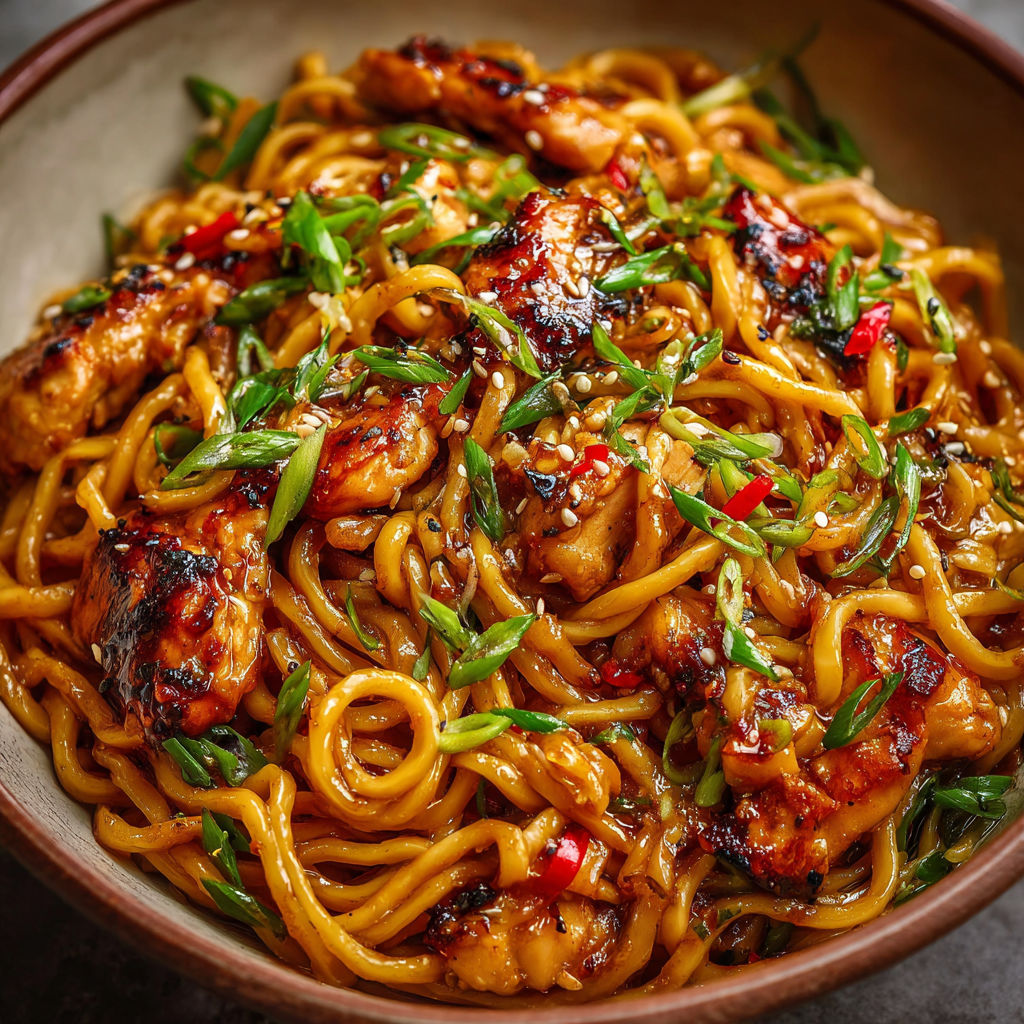 A bowl of noodles with chicken and vegetables.