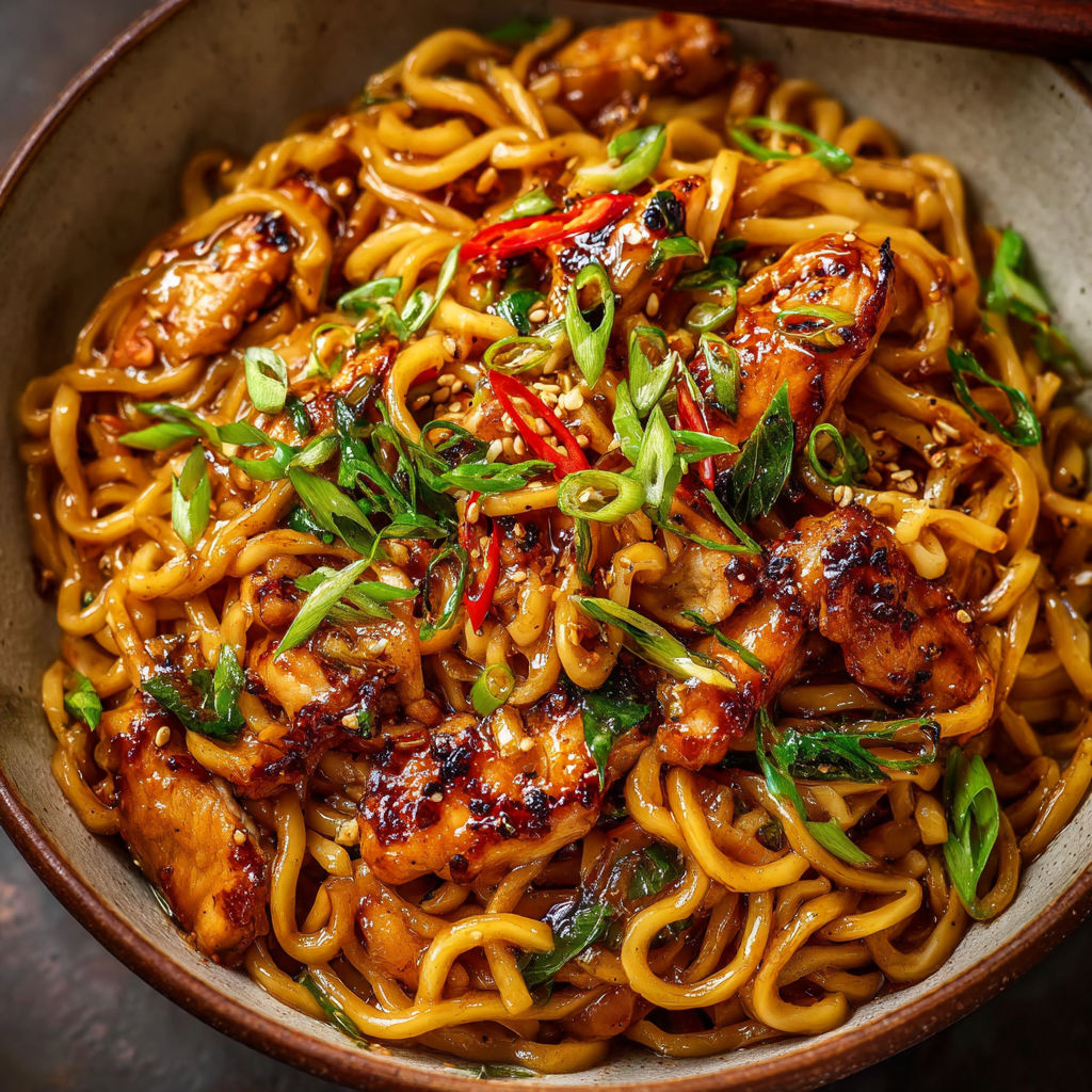 A bowl of noodles with chicken and vegetables.