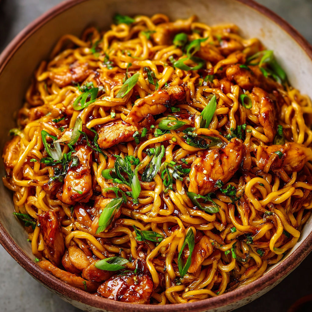 A bowl of noodles with chicken and vegetables.