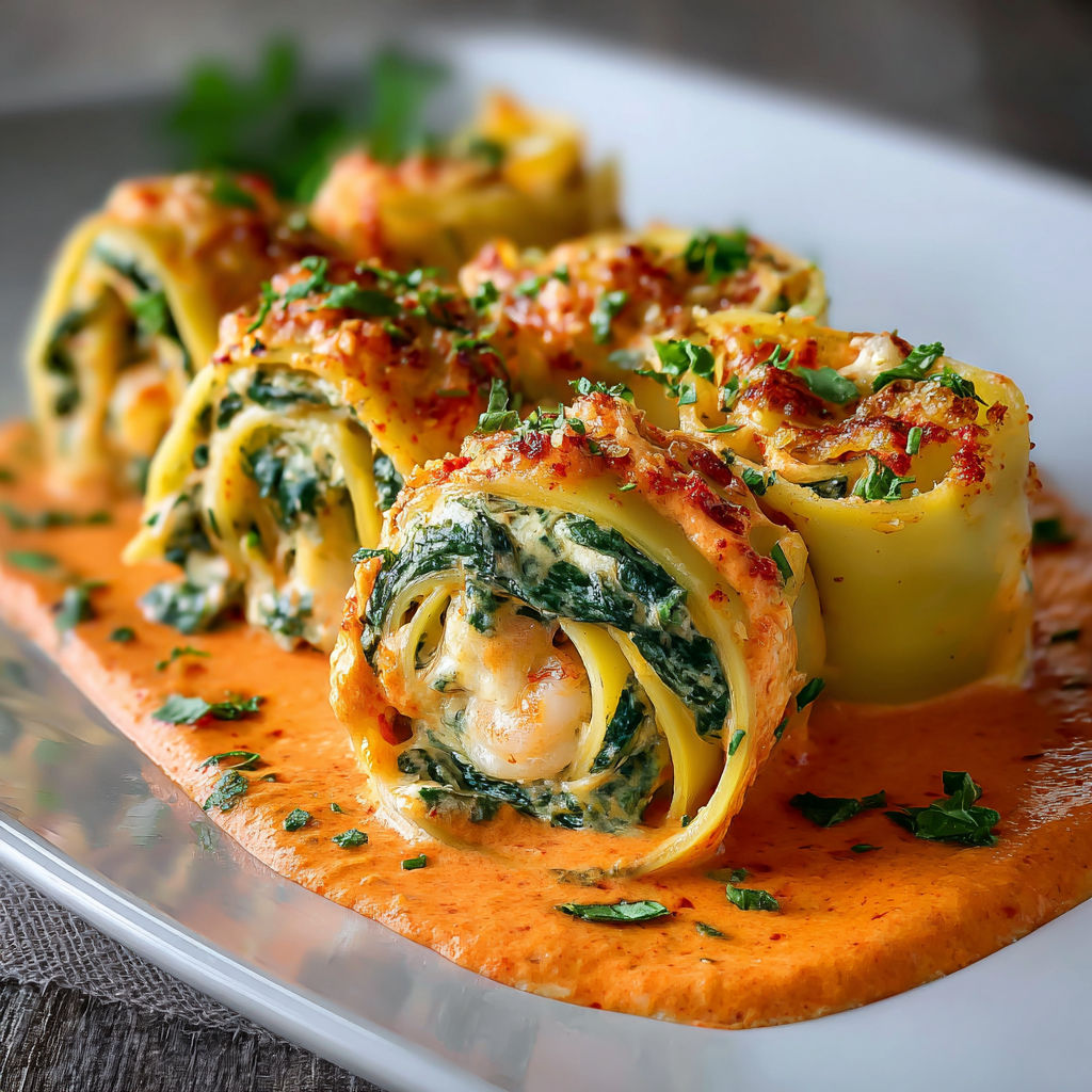 Shrimp and spinach stuffed pasta rolls on a plate.