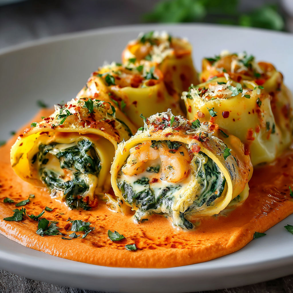 Shrimp and spinach stuffed pasta rolls on a plate.
