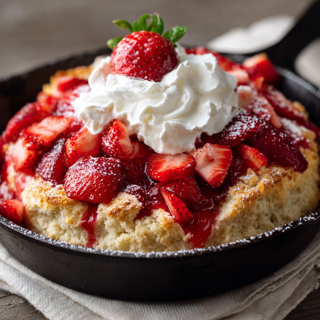A skillet with strawberry shortcake and whipped cream.