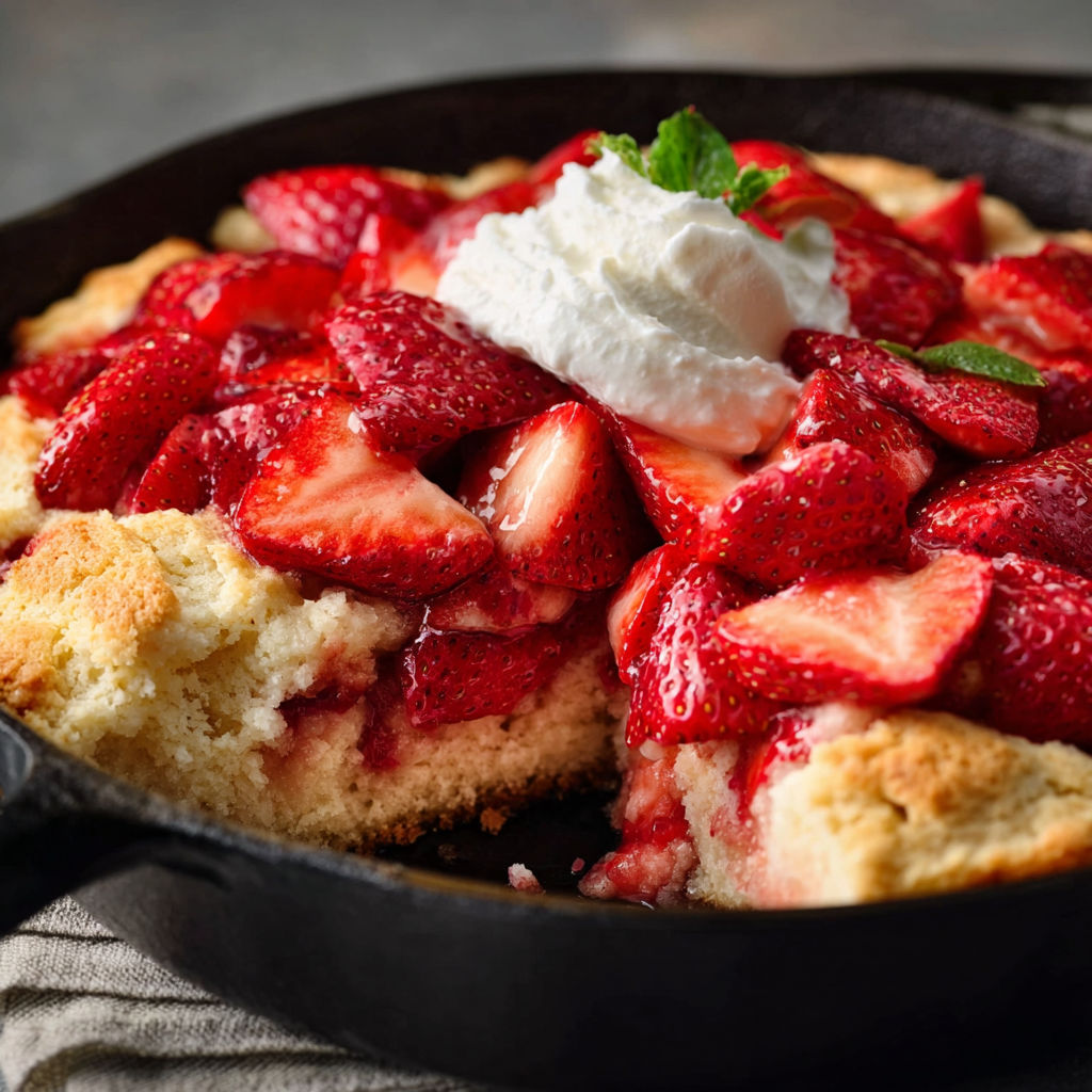 A skillet with strawberry shortcake in it.