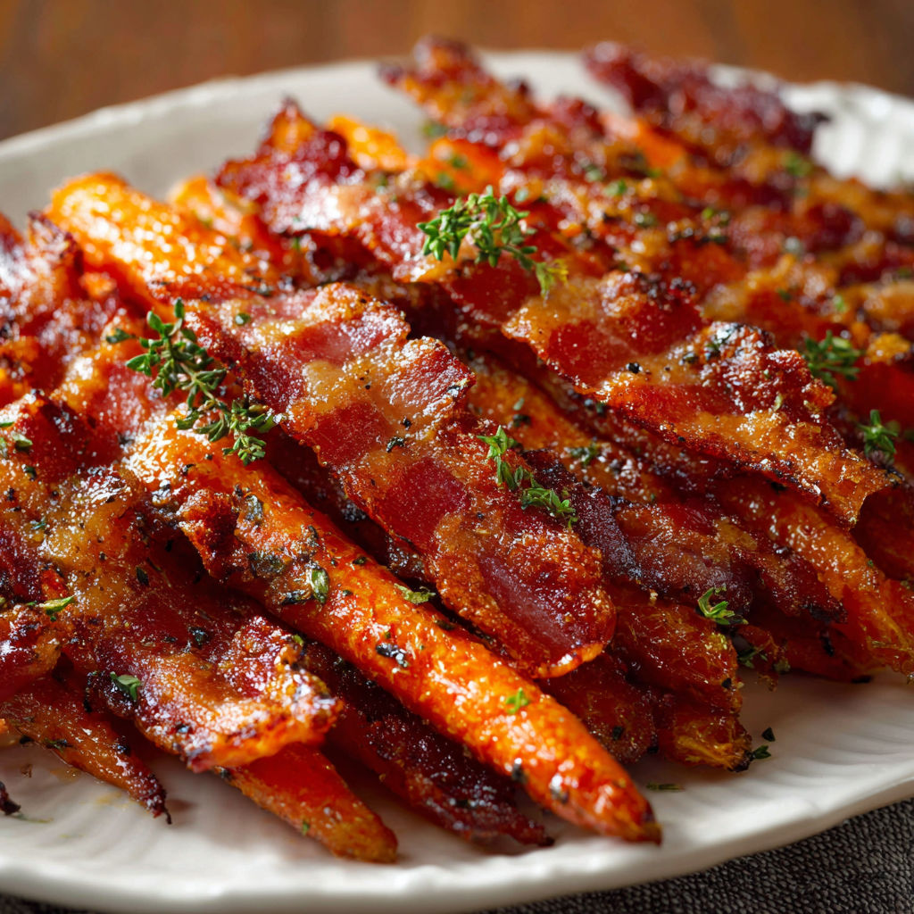 Bacon wrapped carrots on a plate.
