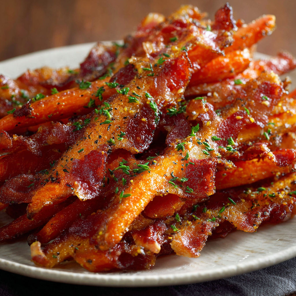 Bacon wrapped carrots on a plate.