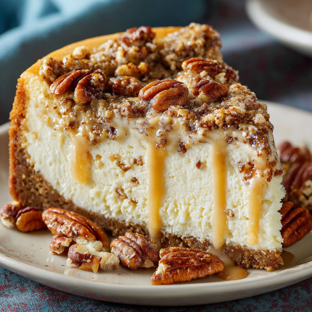 A slice of pecan pie with caramel drizzle.