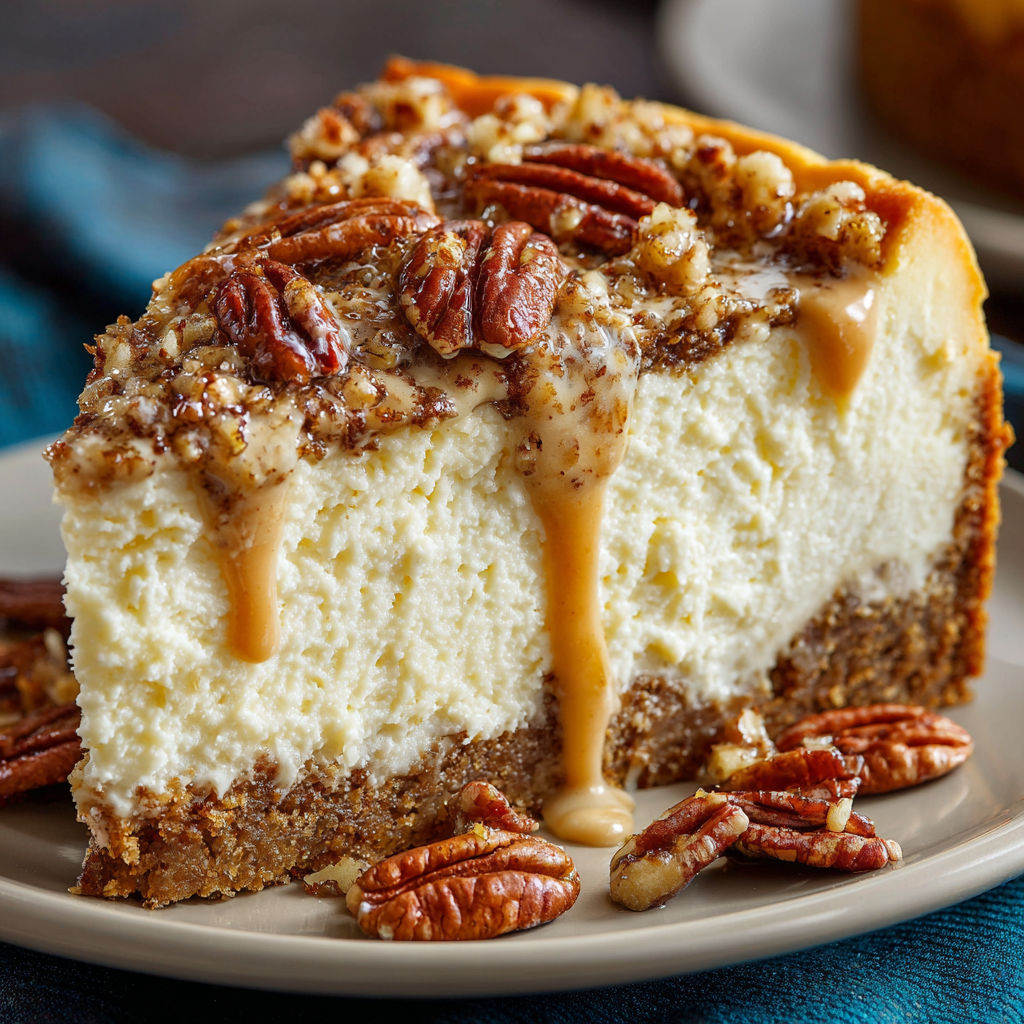 A slice of cheesecake with pecans and caramel drizzle.