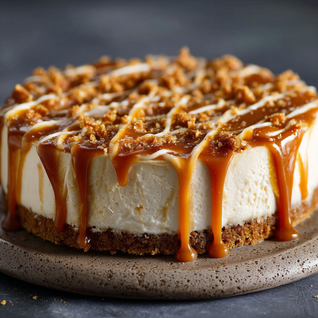 A slice of cake with caramel drizzled on top.