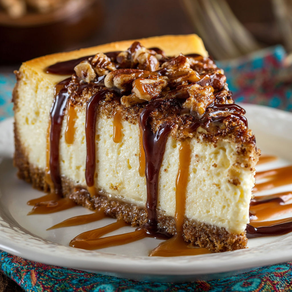 A slice of turtle cheesecake on a plate.