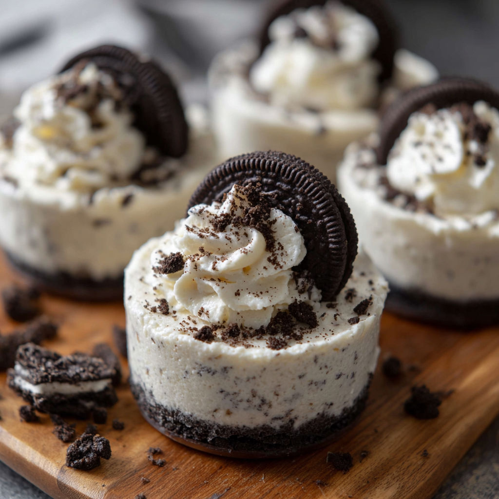 Four no-bake Oreo cheesecake cups.