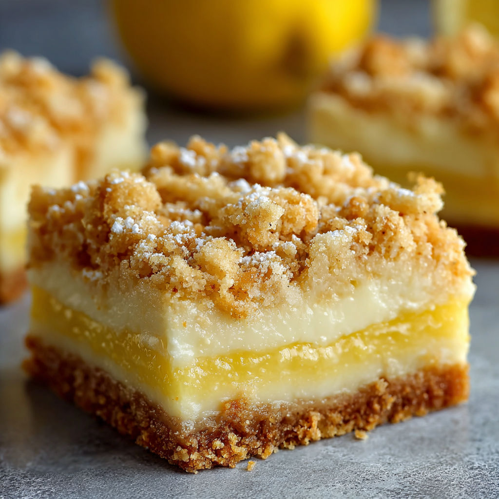 A slice of lemon cake with a dusting of powdered sugar.