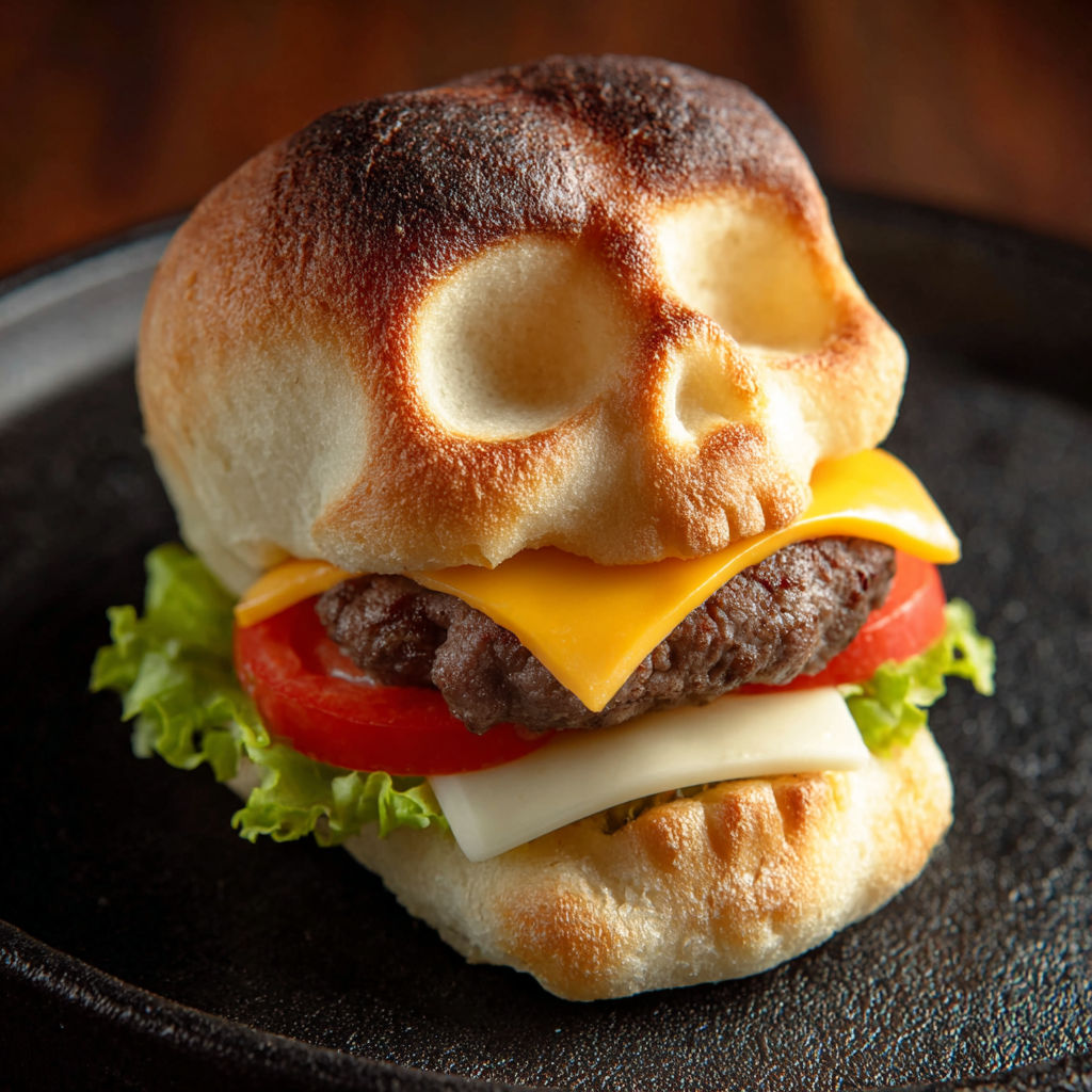 A cheeseburger with a skull on top.