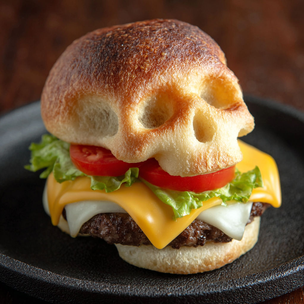A cheeseburger with a skull on top.