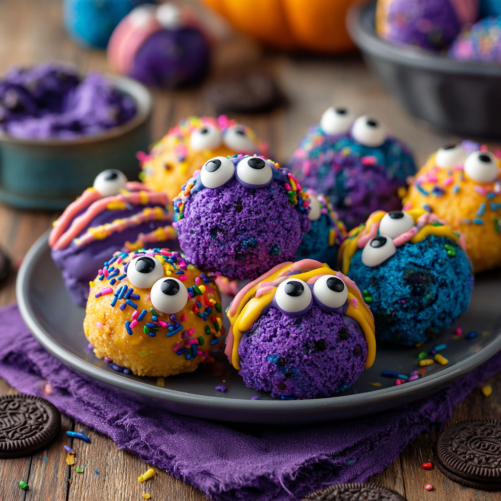 A plate of colorful cupcakes with purple frosting and eyes.