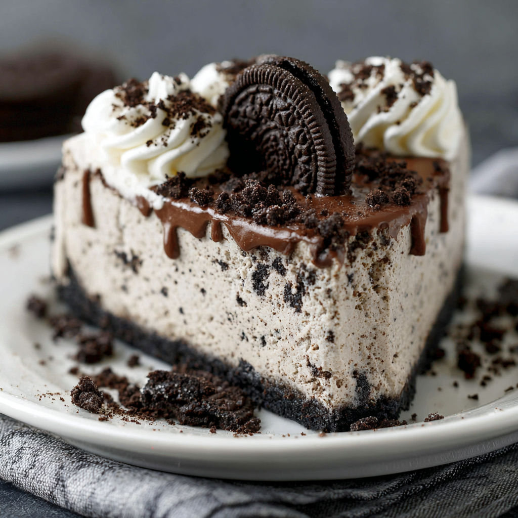 A slice of chocolate cheesecake with Oreo cookies on top.
