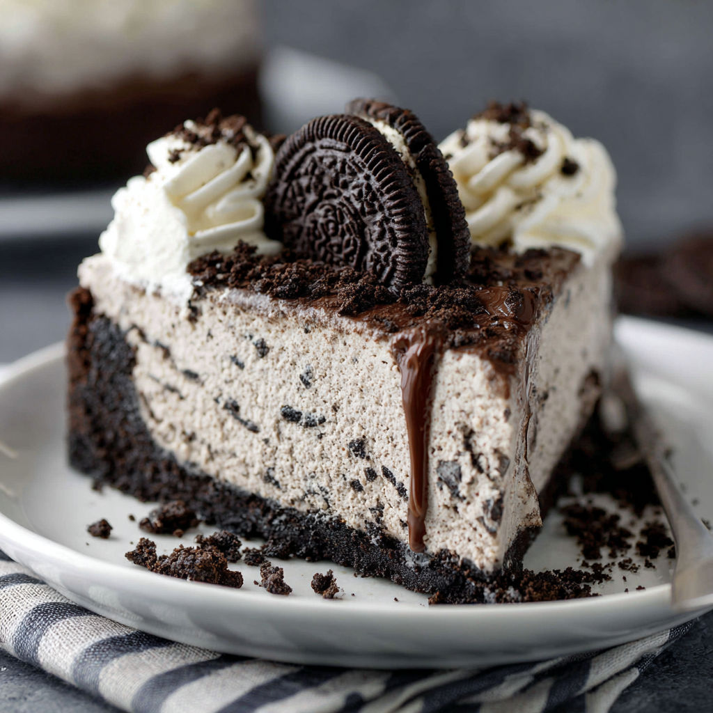 A slice of chocolate and oreo cheesecake on a plate.