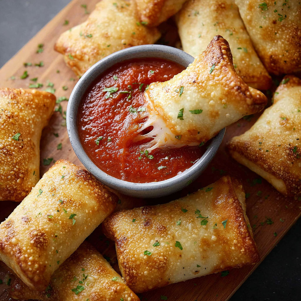 A bowl of sauce with pizza rolls.