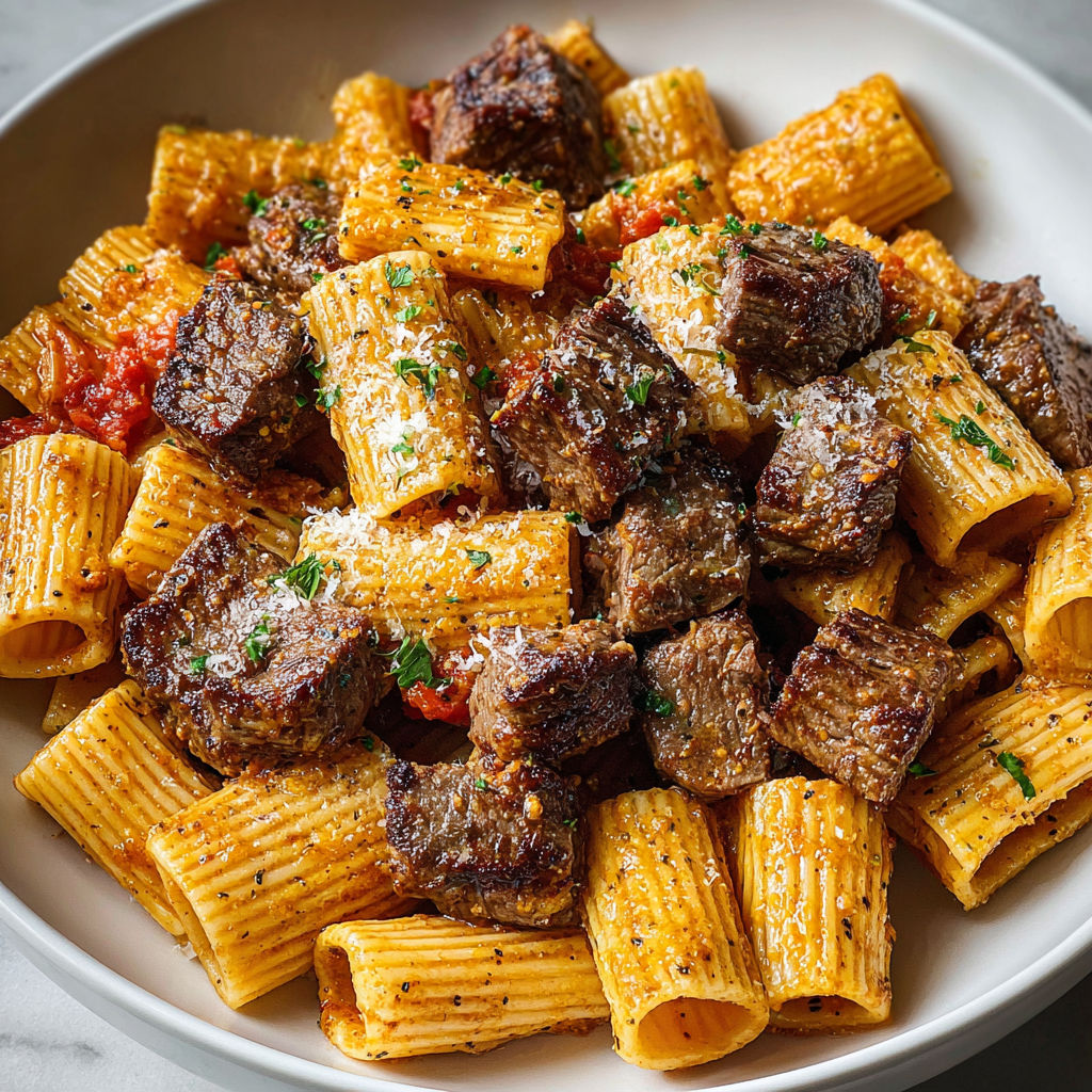 A plate of Cajun Steak Rigatoni.