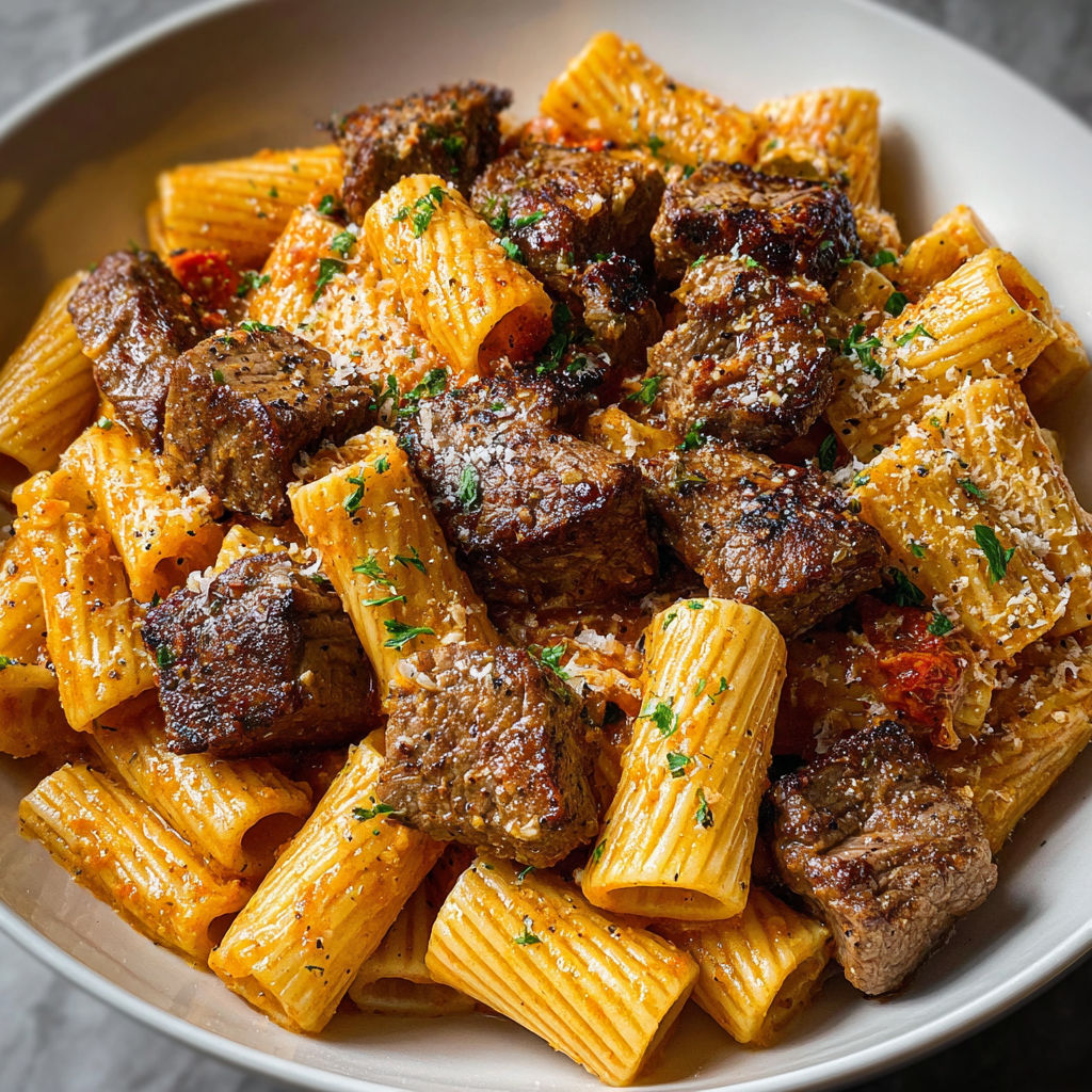 A plate of pasta with meat and cheese.