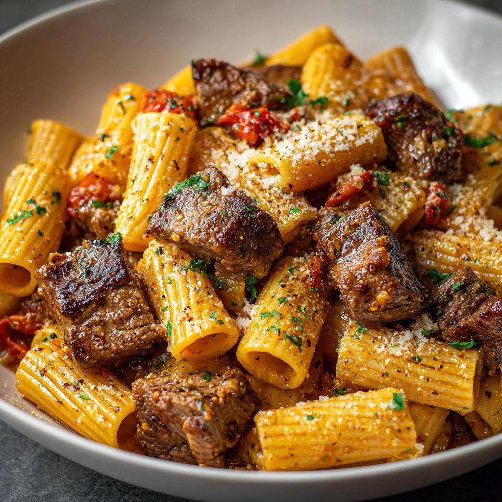 A bowl of pasta with meat and cheese.