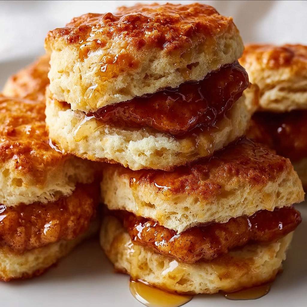A stack of biscuits with honey drizzled on top.