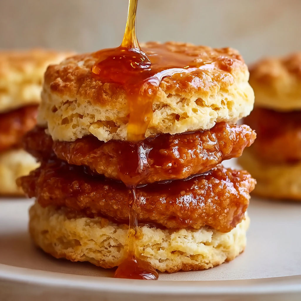 A stack of biscuits with syrup dripping down them.