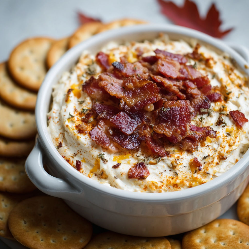 A bowl of maple bacon cheese dip.