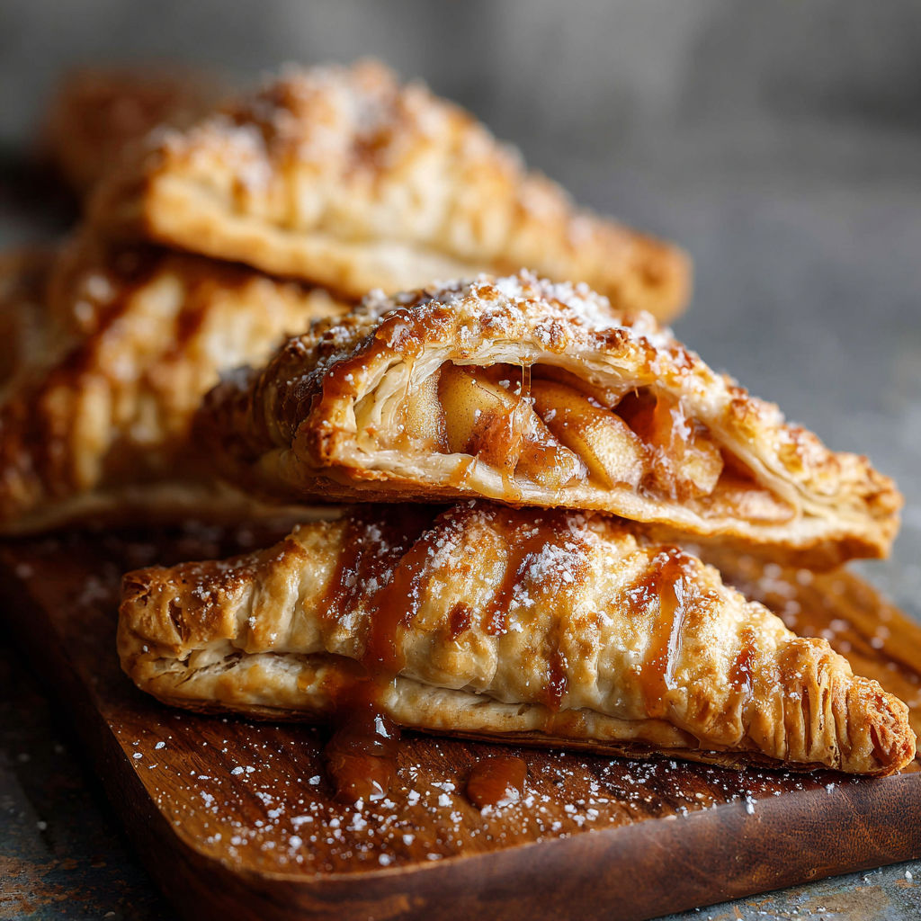 Three apple turnovers on a wooden board.