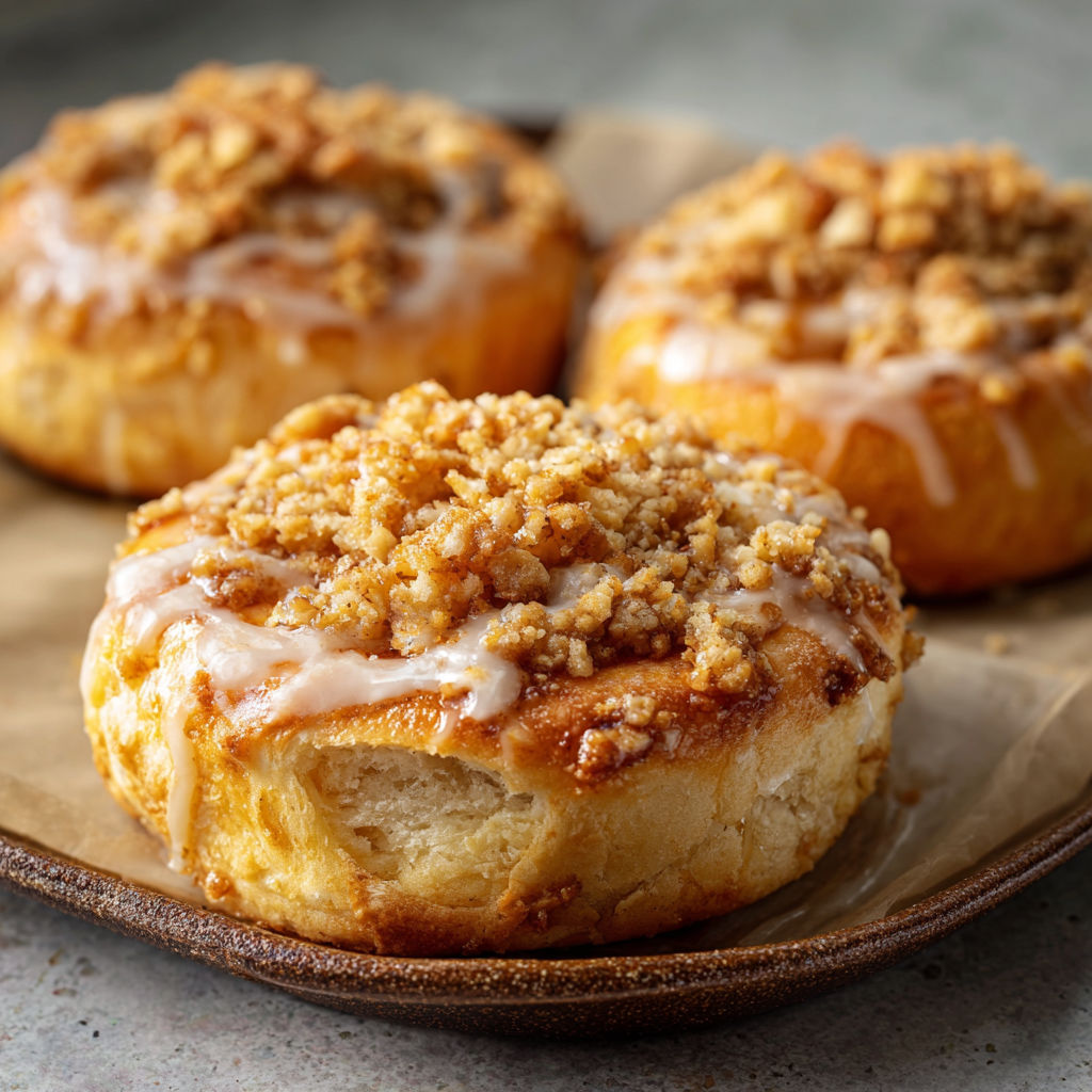Three apple cheesecake buns on a plate.