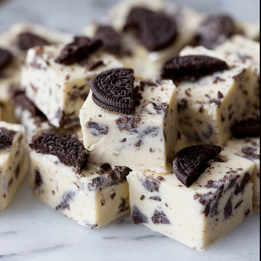A close up of a square of Oreo fudge.