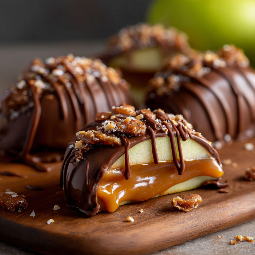 Chocolate covered caramel apple slices on a wooden board.