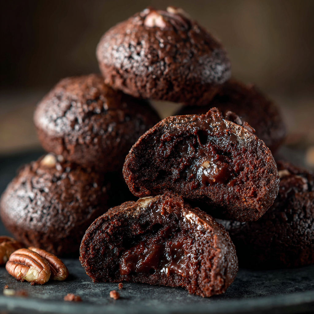 A stack of chocolate pecan pie brownie bombs.