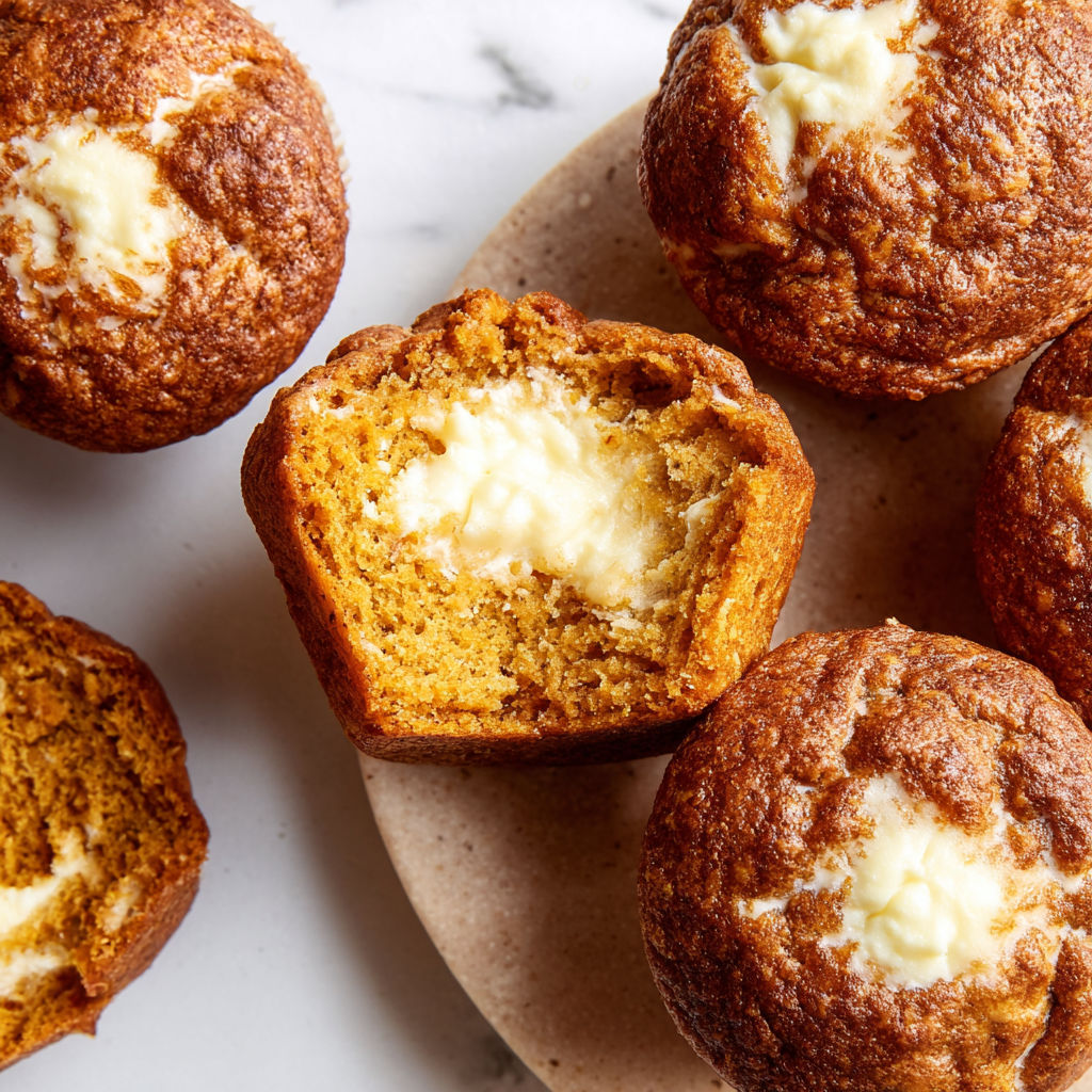 A plate of pumpkin cream cheese muffins.
