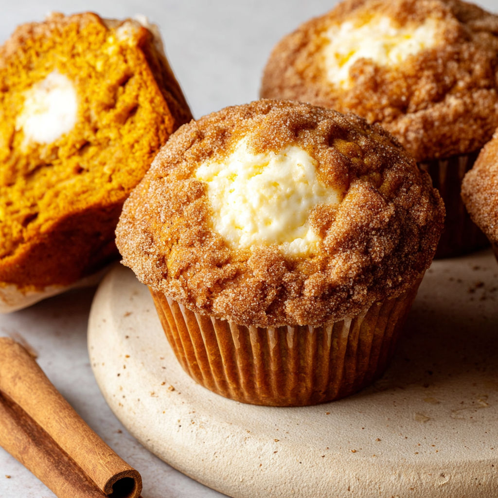 A plate with three muffins and a cinnamon stick.